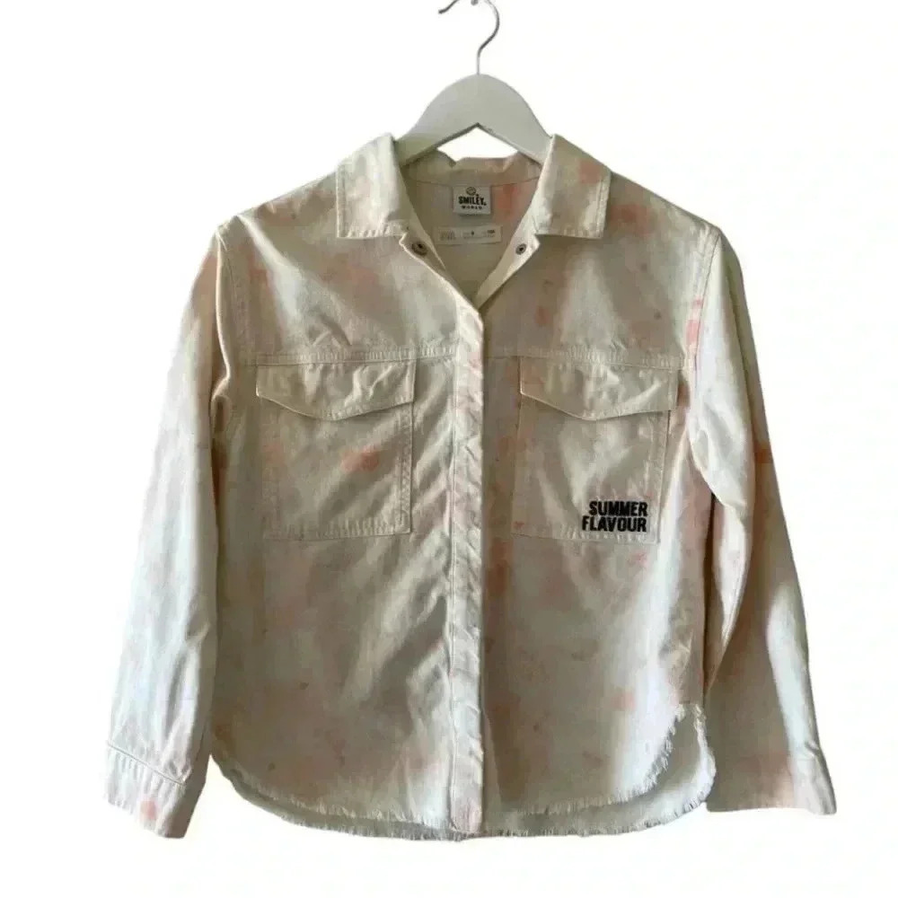 Zara Girls Smiley World Button Down Long Sleeves Tie Dye Fringe Jacket 9 # 1768
